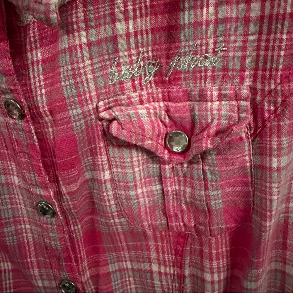 Baby Phat Y2K Pink Plaid Lace Button Front Top Size M - Picture 4 of 12